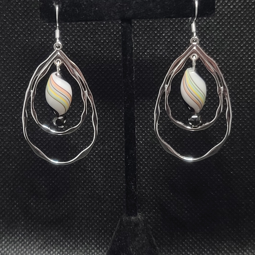 Elegant Silver Teardrop Earrings with Multicolor Swirl